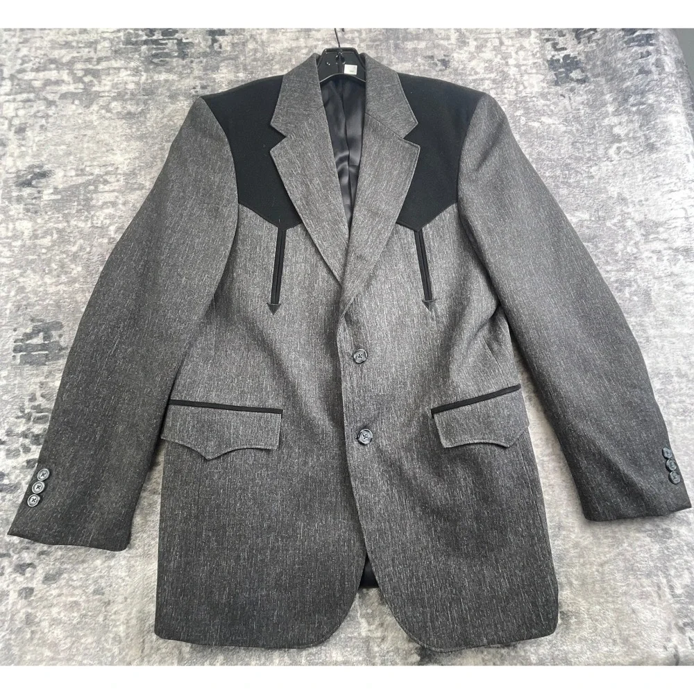 Circle S Mens 40R Vtg Western Blazer Gray Black Contrast Yoke Sport Coat Cowboy